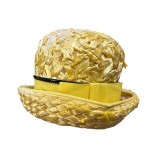 VINTAGE Yellow Woven Straw Hat UNION Made Grosgrain Ribbon Trim Church Sun Hat